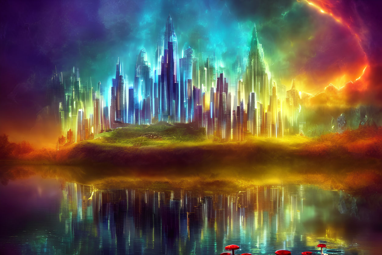 Colorful Cityscape with Towering Spires and Reflective Water