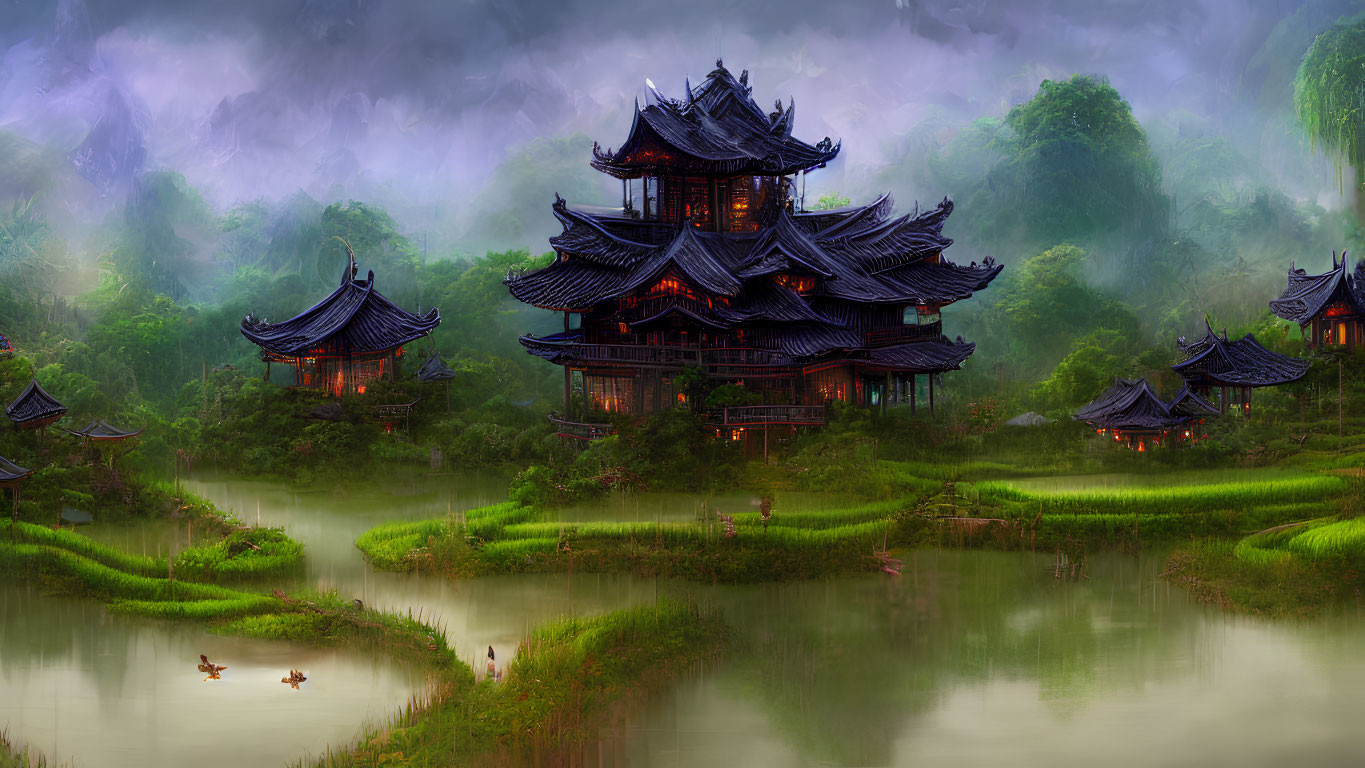 Scenic Asian-style buildings in misty mountain landscape