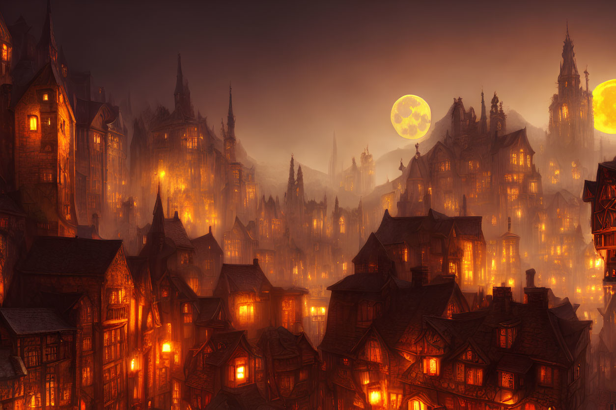 Gothic cityscape at night with illuminated windows and eerie moon