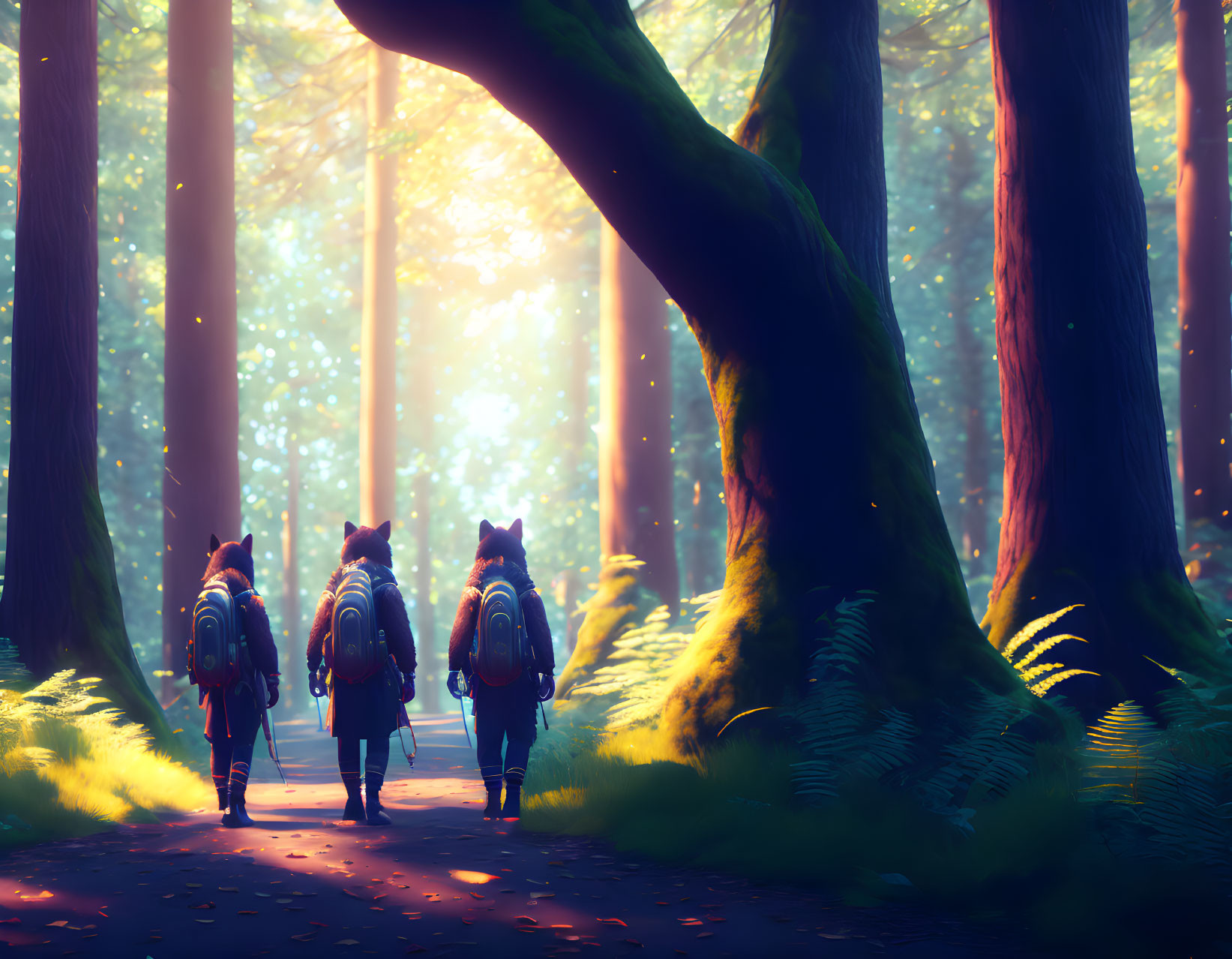 Explorers walking in mystical forest with tall trees and sunlight.