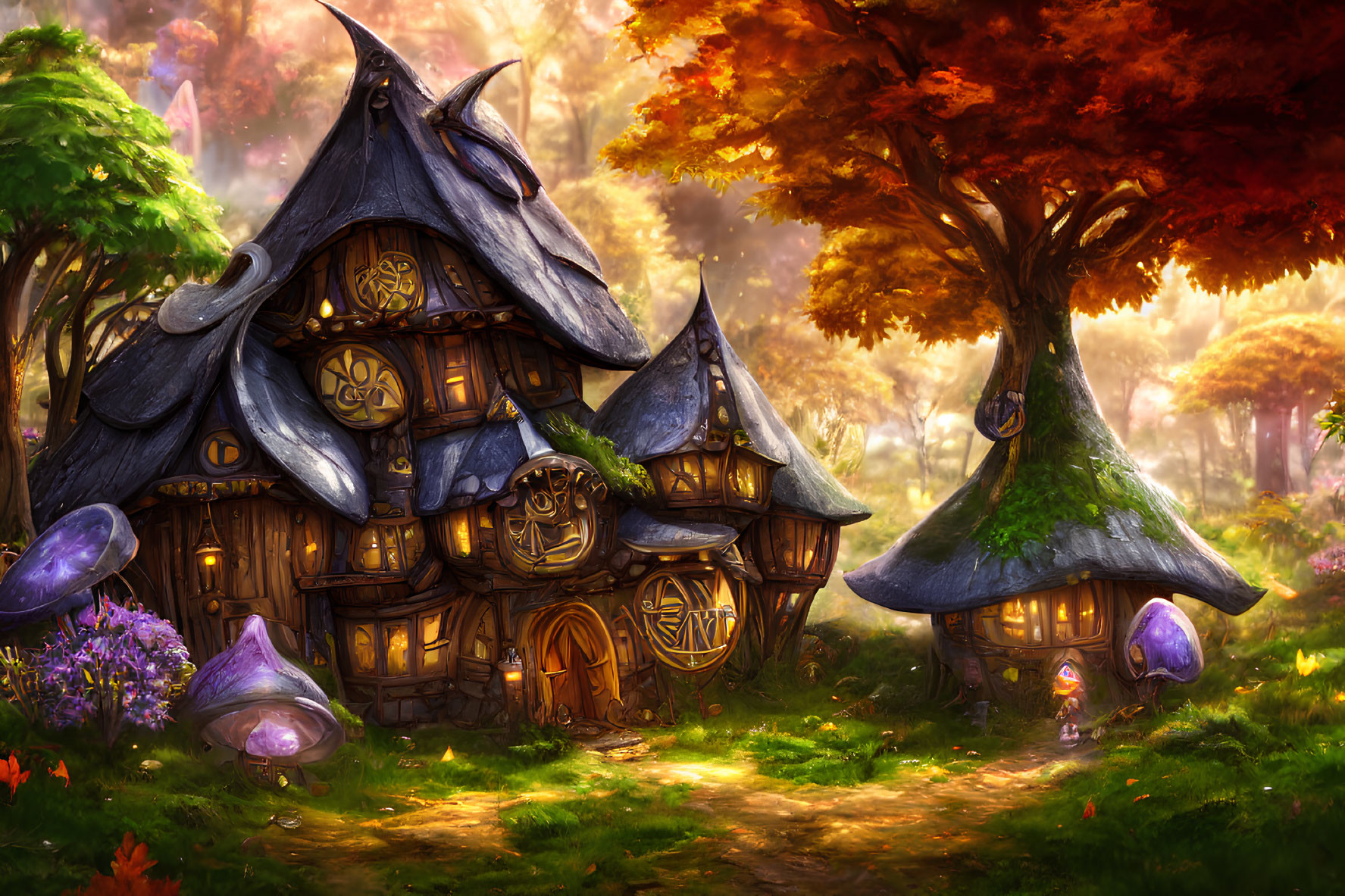 Whimsical mushroom house in vibrant autumn forest