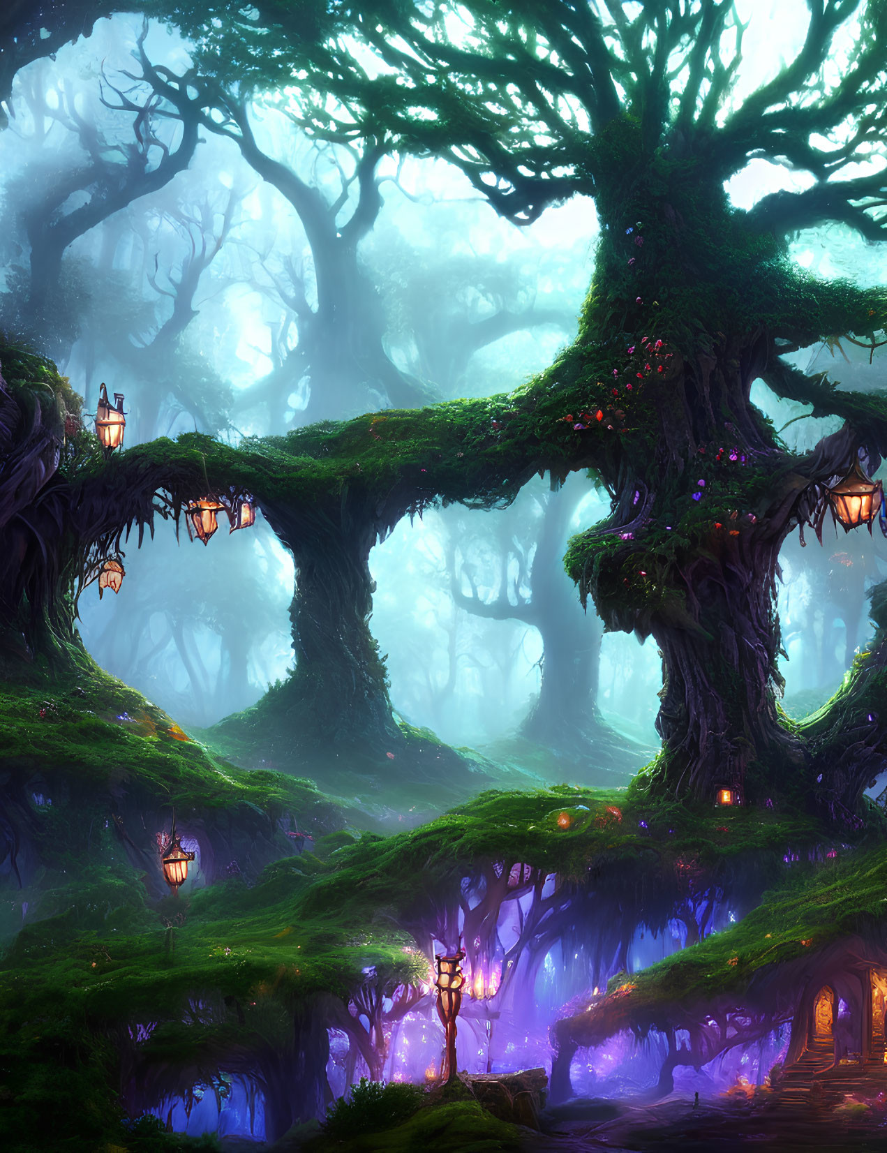 Digital artwork: Mystical forest with luminescent trees, hanging lanterns, cozy dwelling