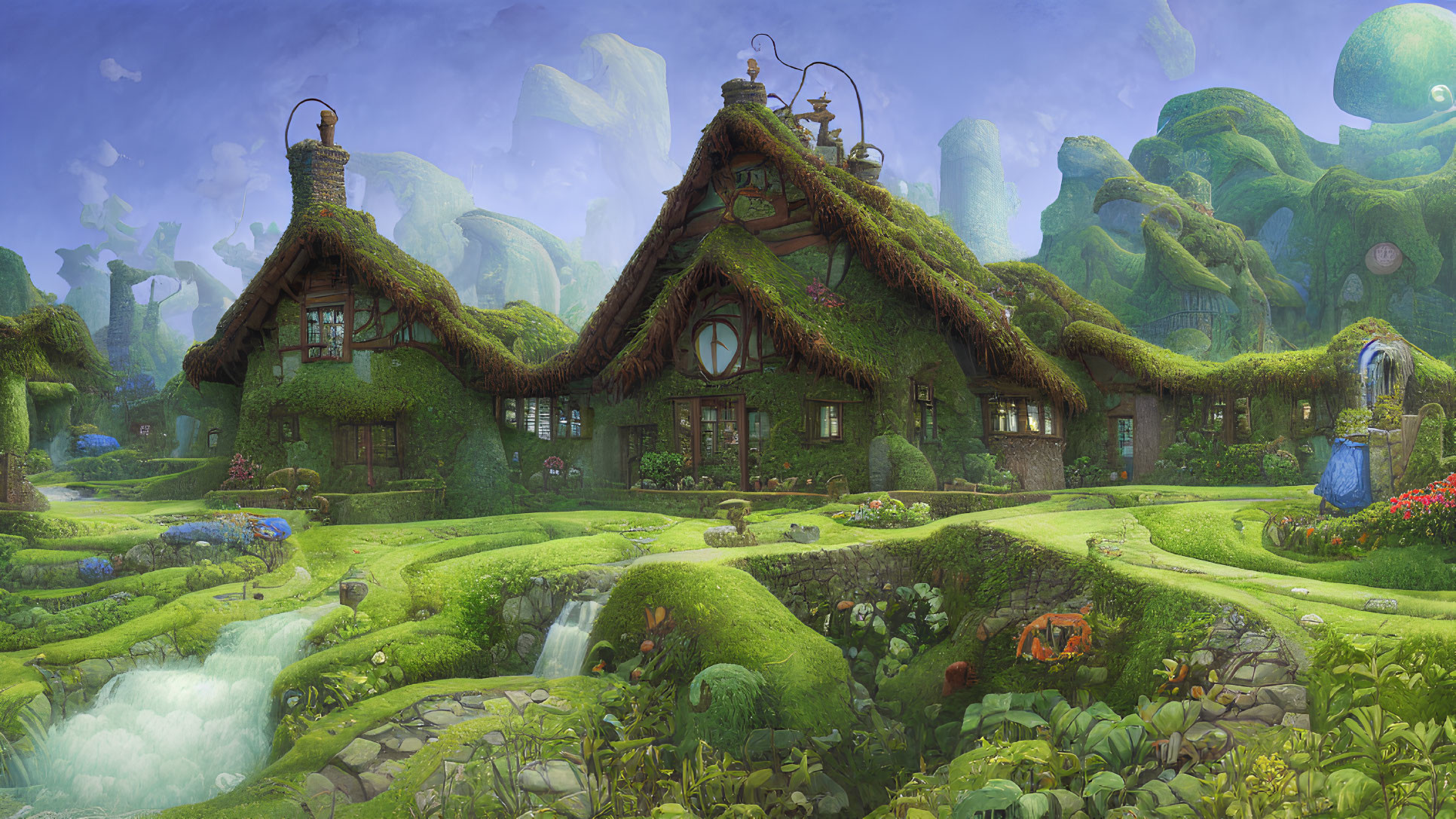 Whimsical fantasy cottage with thatched roof in magical garden