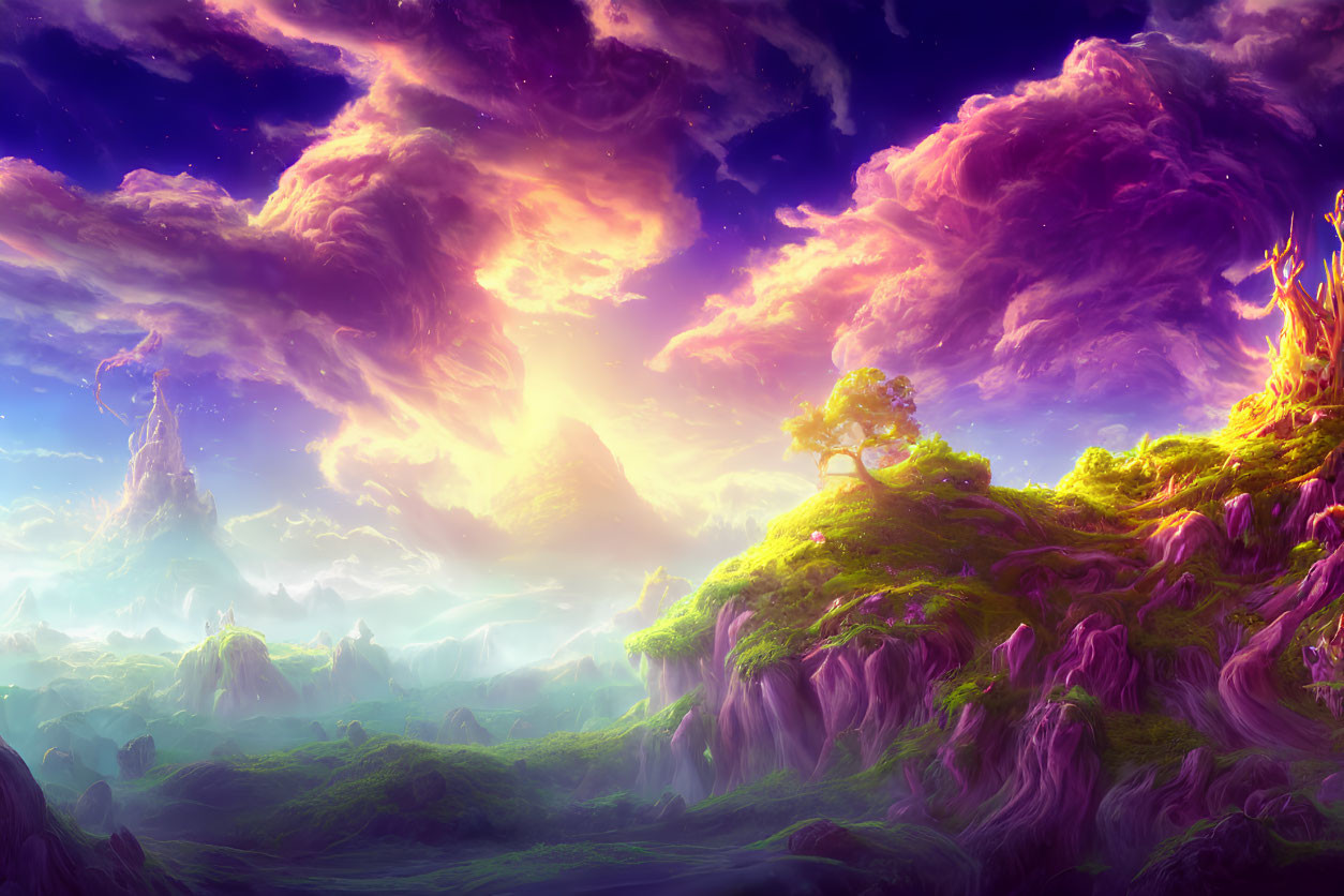 Majestic fantasy landscape with purple clouds, lone tree, waterfalls, and mountain peaks