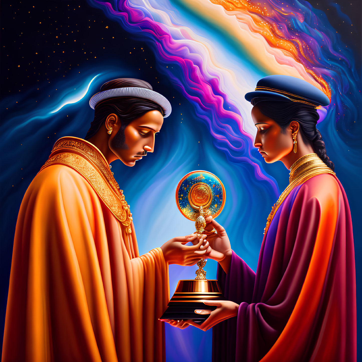 Stylized figures in ornate robes with radiant artifact on cosmic background