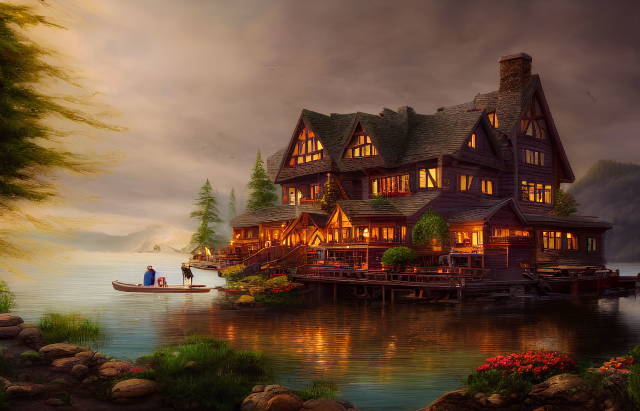 Cozy lakeside house at dusk with illuminated pier and boat on tranquil waters