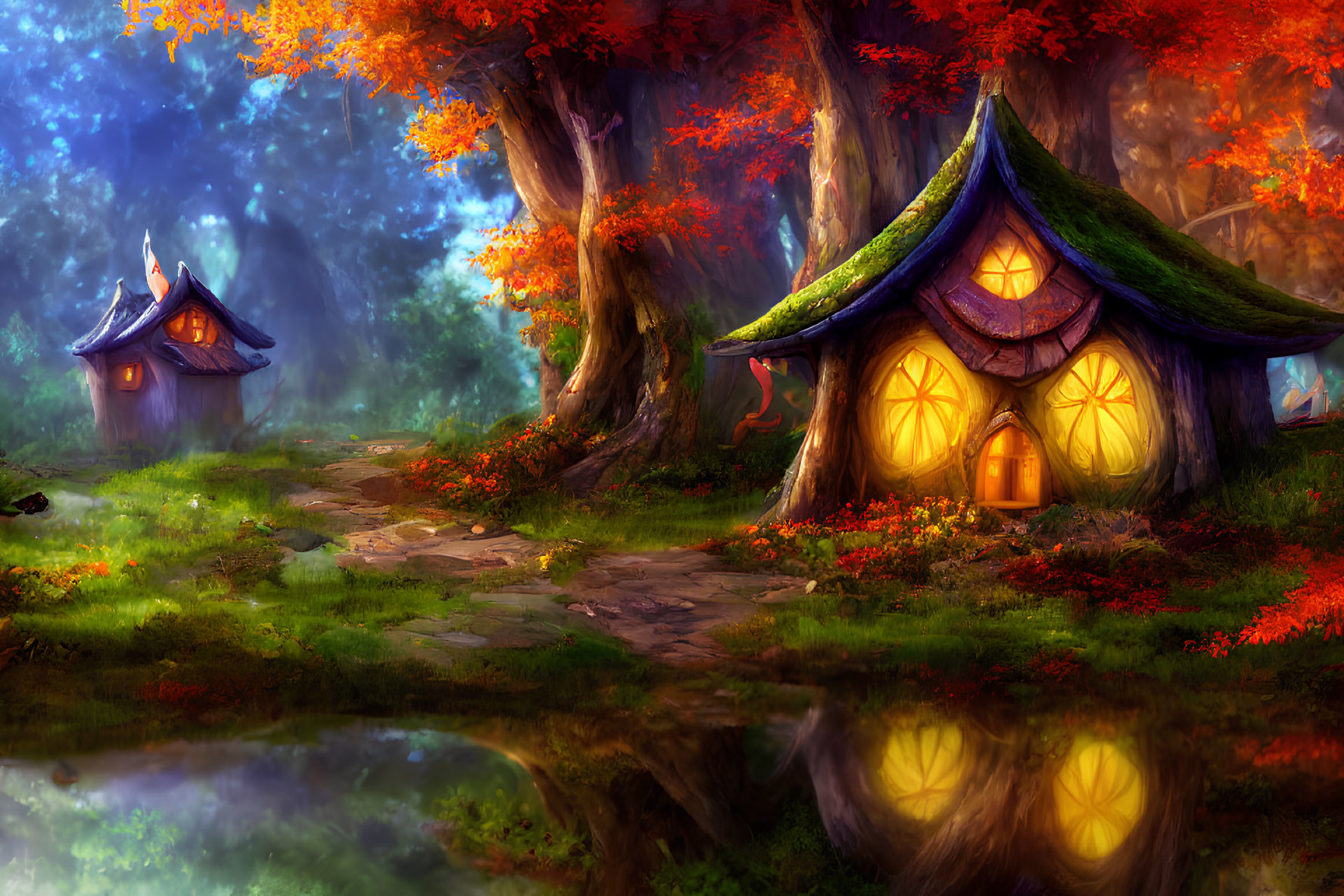 Enchanted forest scene with cottages, autumn trees, cobblestone path, and reflective pond