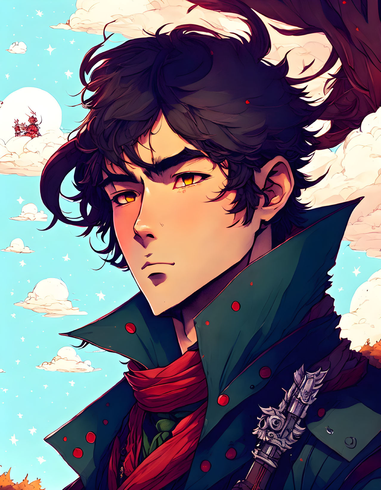 Illustrated male character with black hair, golden eyes, green cloak, red scarf under blue sky.