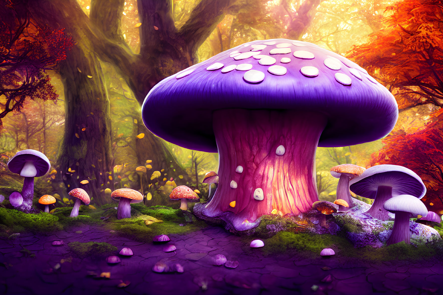 Vibrant purple and pink mushrooms in a fantastical forest scene