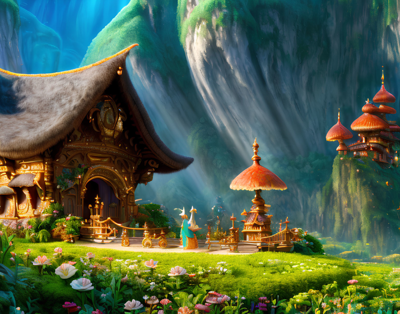 Fantasy landscape with ornate building, waterfalls, character, and lush flora