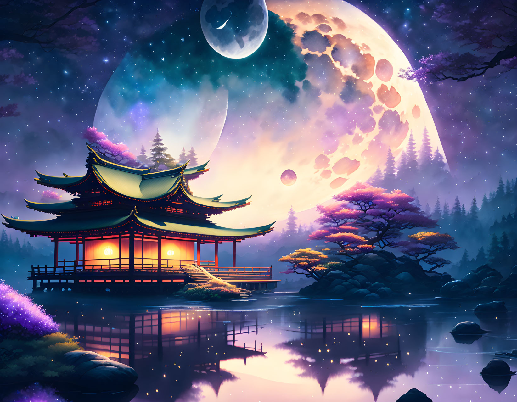 Traditional Asian pagoda by still lake in moonlit nightscape