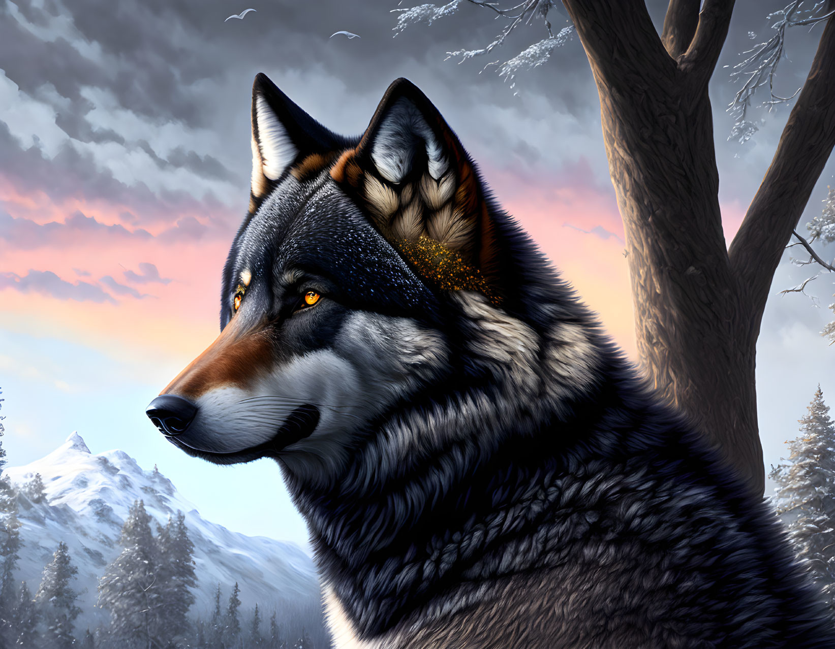 Detailed Wolf Illustration in Snowy Landscape with Mountains & Sunset Sky
