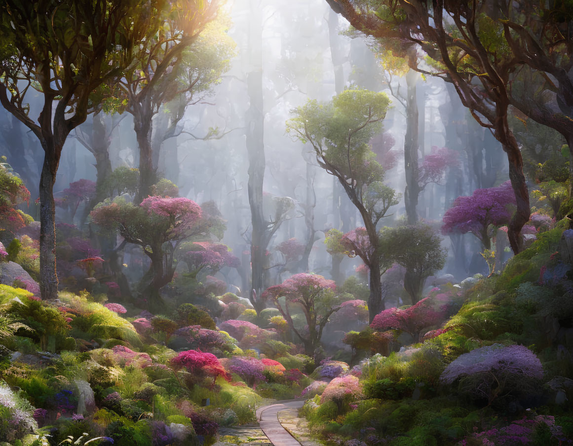 Tranquil Forest Path with Pink Flowering Trees