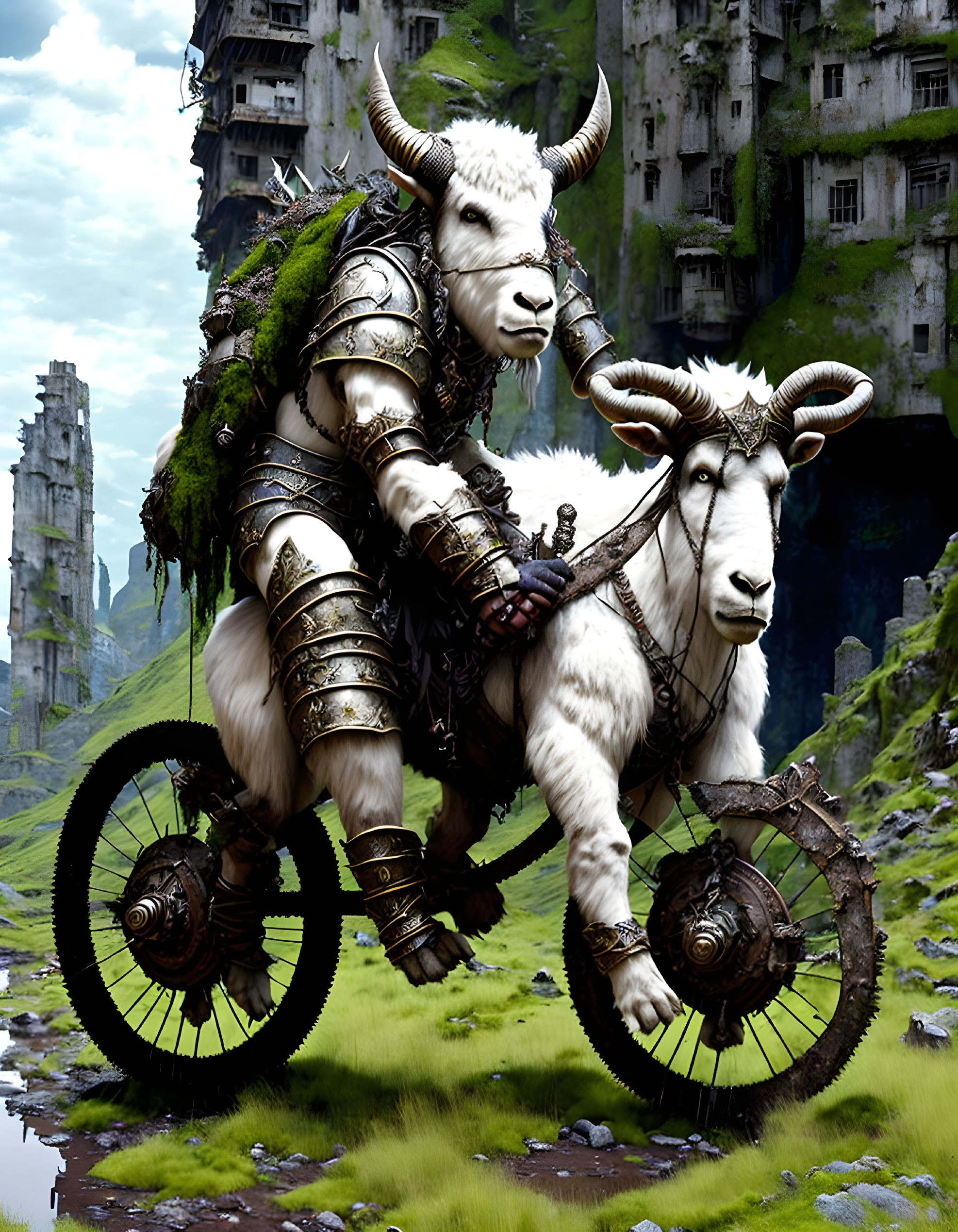 Two armored goats in ancient ruins and greenery