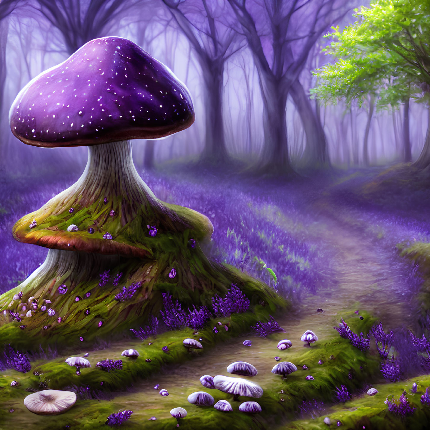 Whimsical purple mushroom in mystical forest with violet flora