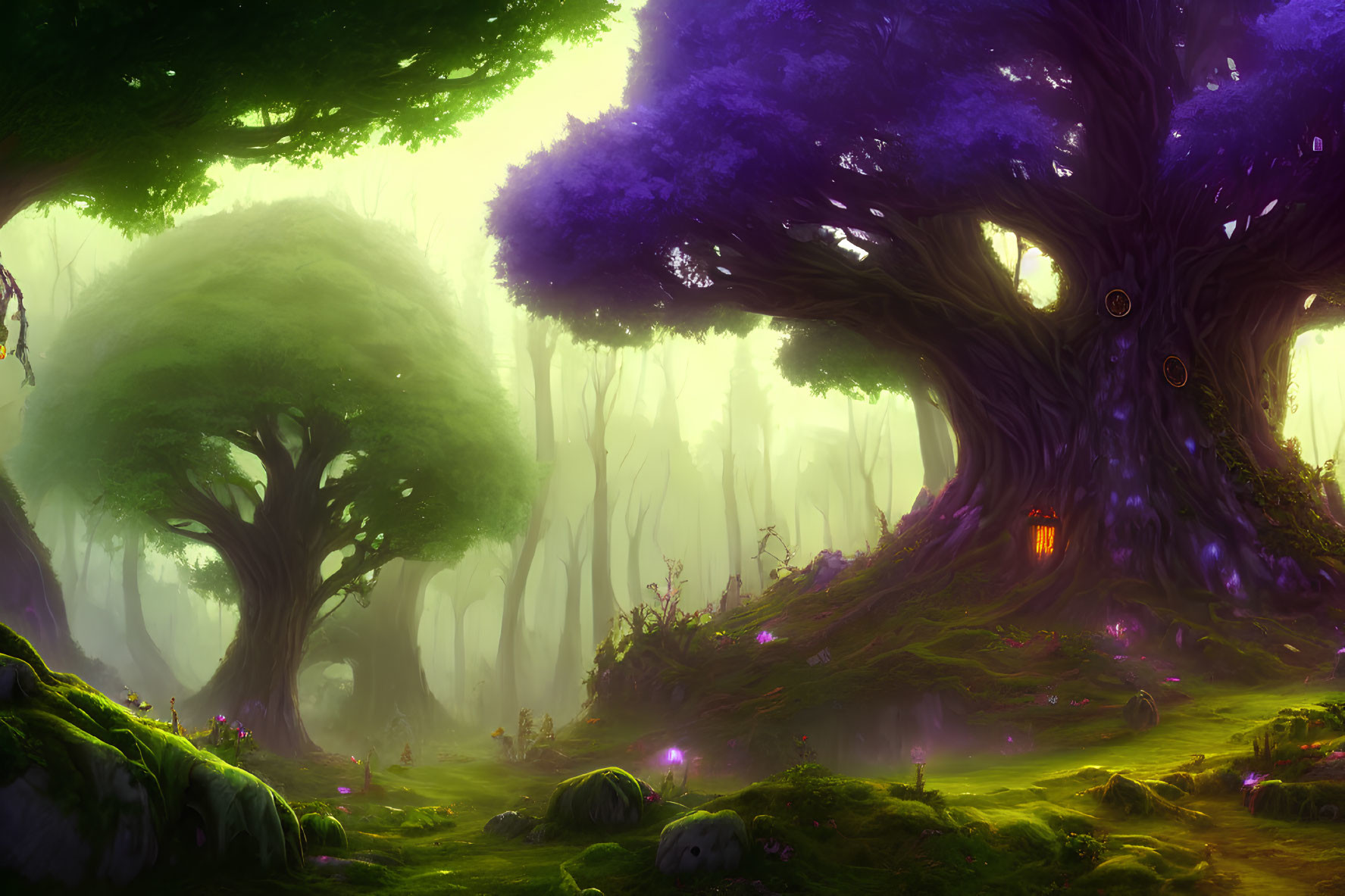 Vibrant green grass and purple trees in mystical forest scene