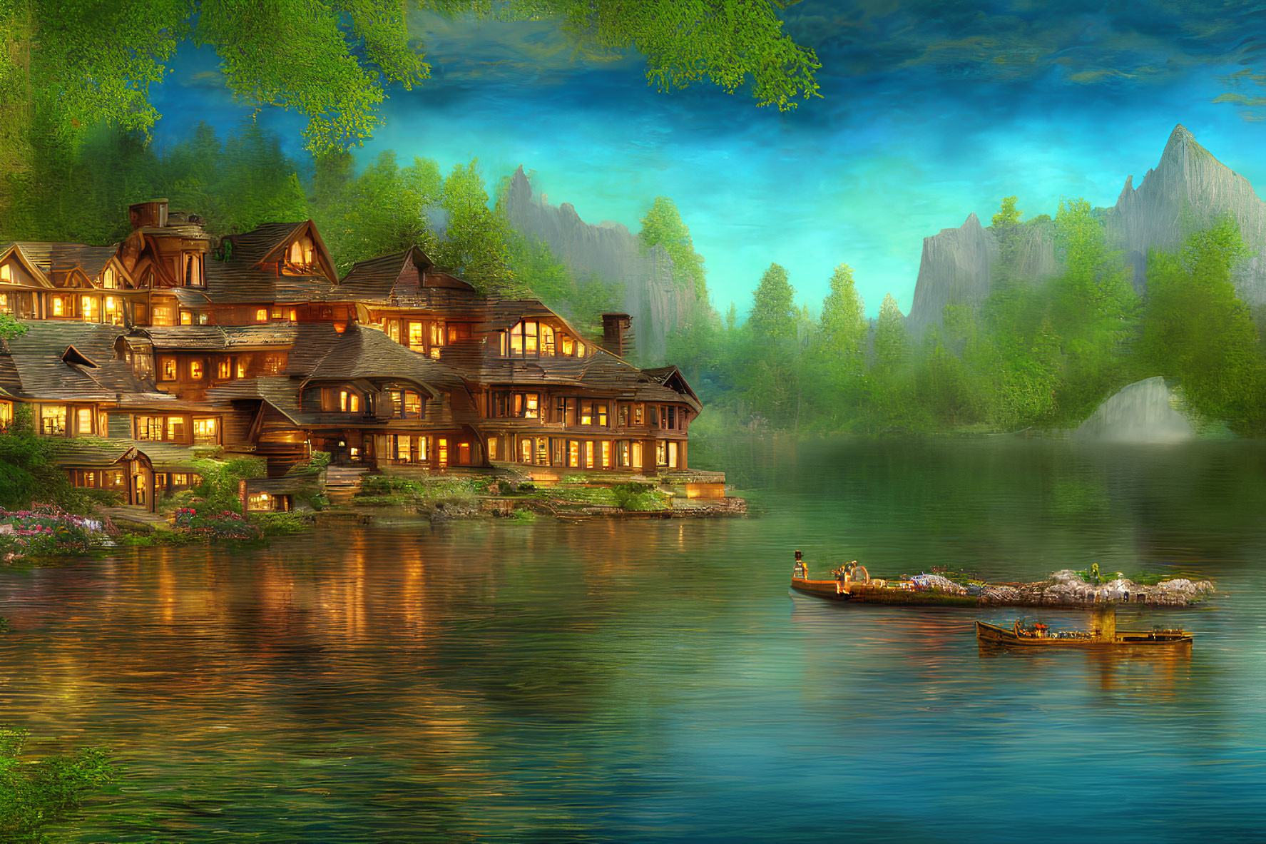 Tranquil landscape: illuminated wooden house by calm lake, lush greenery, mountains, small boat