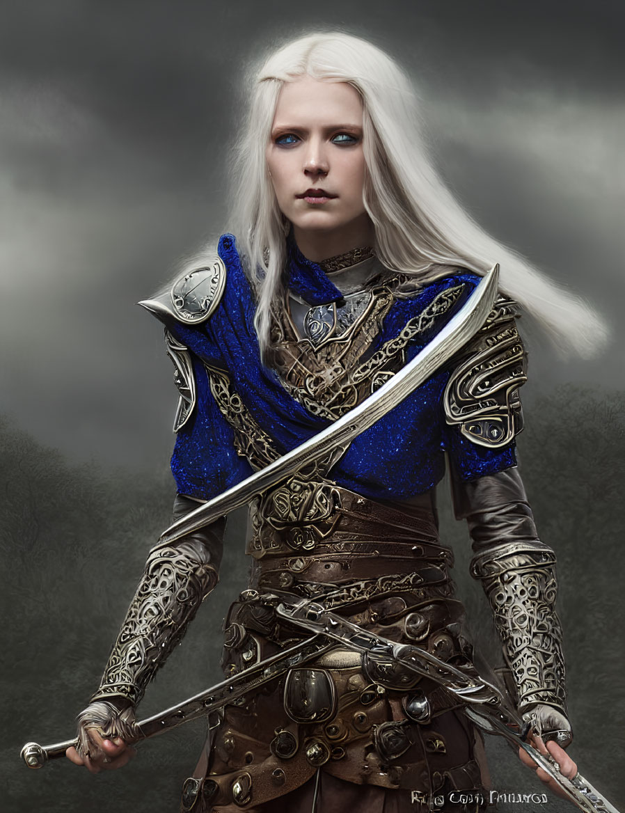 White-Haired Warrior in Silver and Blue Armor Holds Sword against Stormy Background