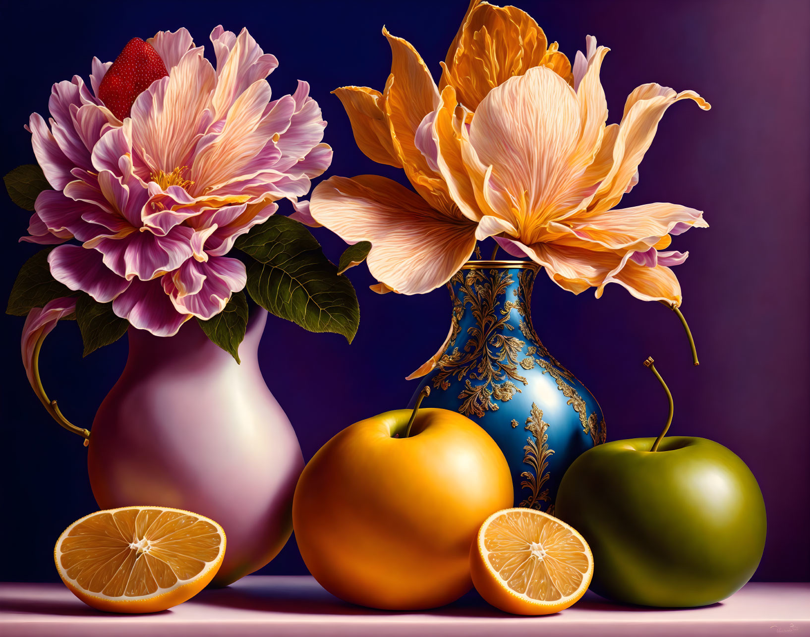 Colorful still life painting with pink peonies, tropical flower, oranges, and apples