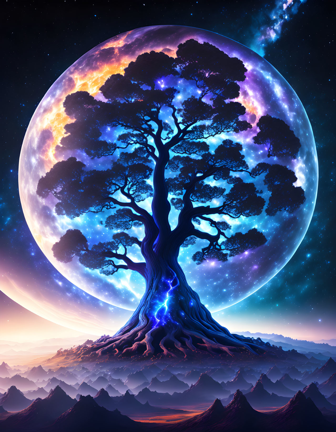 Majestic tree against starry night sky and luminous moon