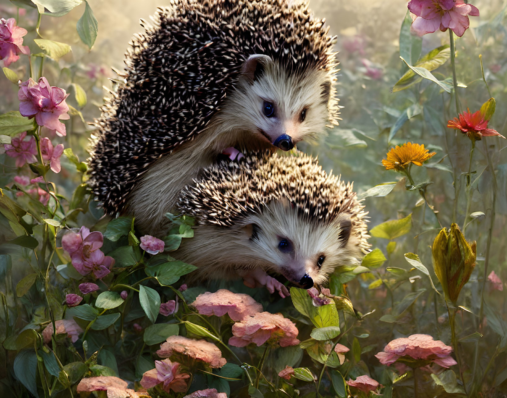 Colorful Flowers Surrounding Two Hedgehogs in Soft-Focus Background