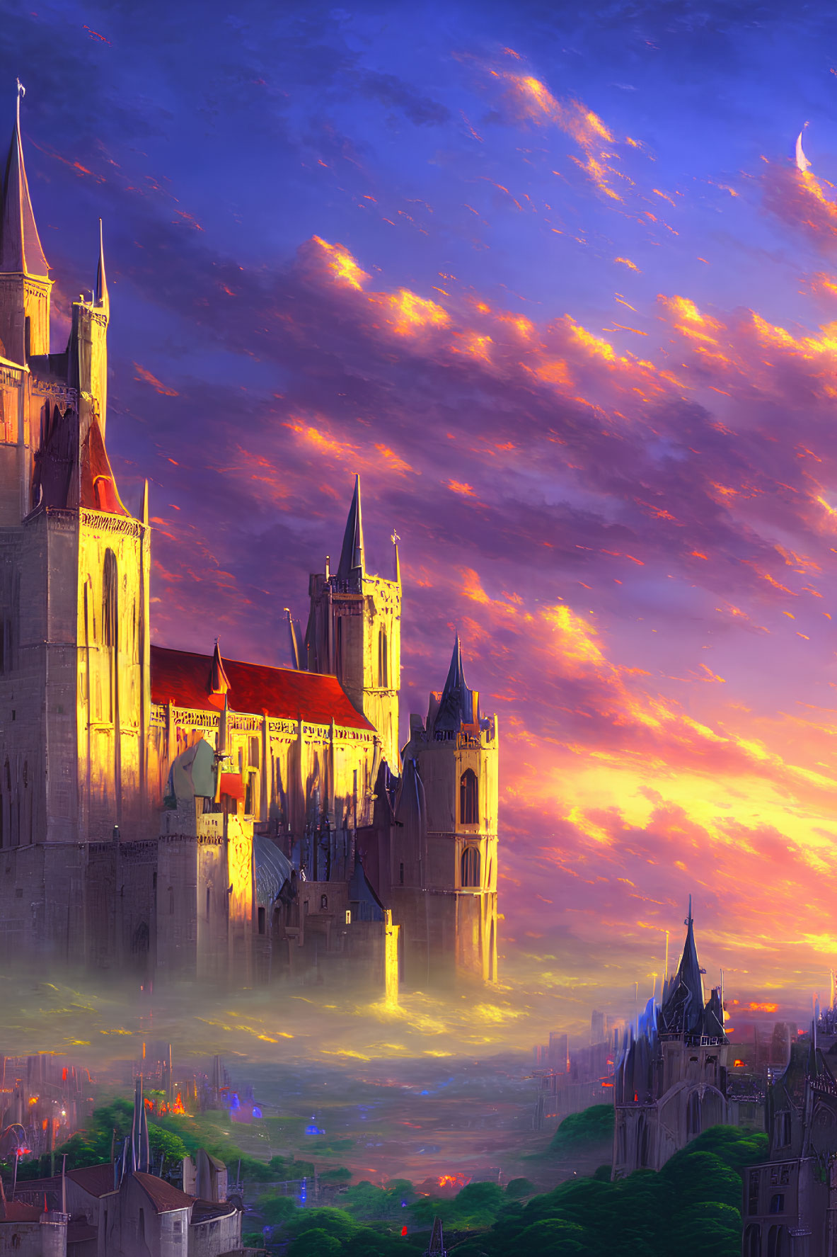 Fantastical castle at sunset over misty cityscape & starry sky