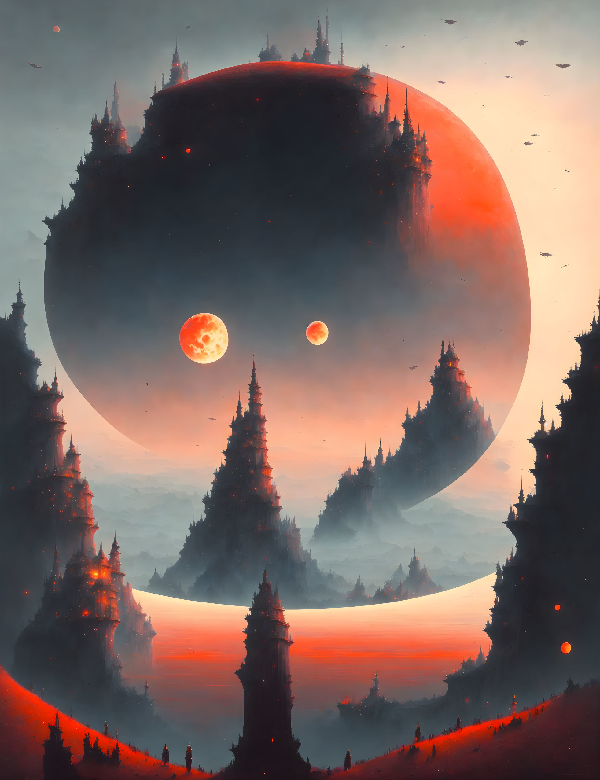 Fantastical landscape with towering spires in reddish haze.