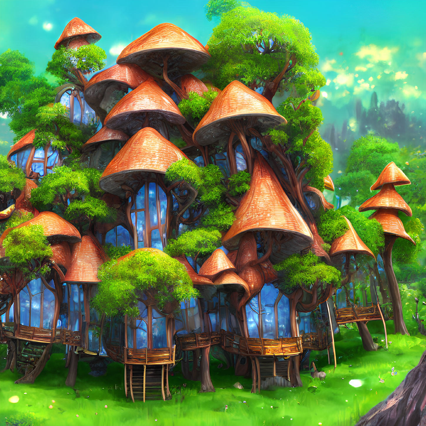 Unique Mushroom-Roofed Treehouses in Lush Greenery