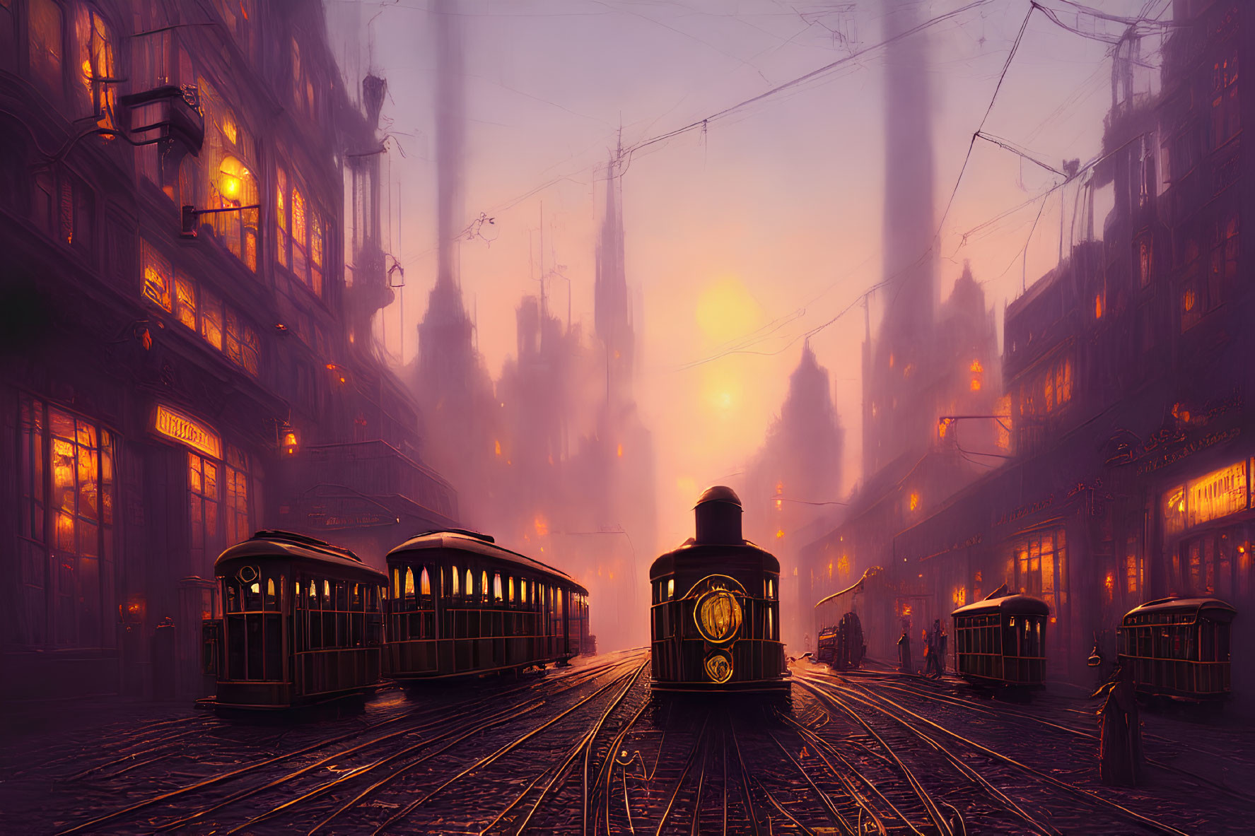 Vintage trams on foggy, lamp-lit street with towering silhouettes