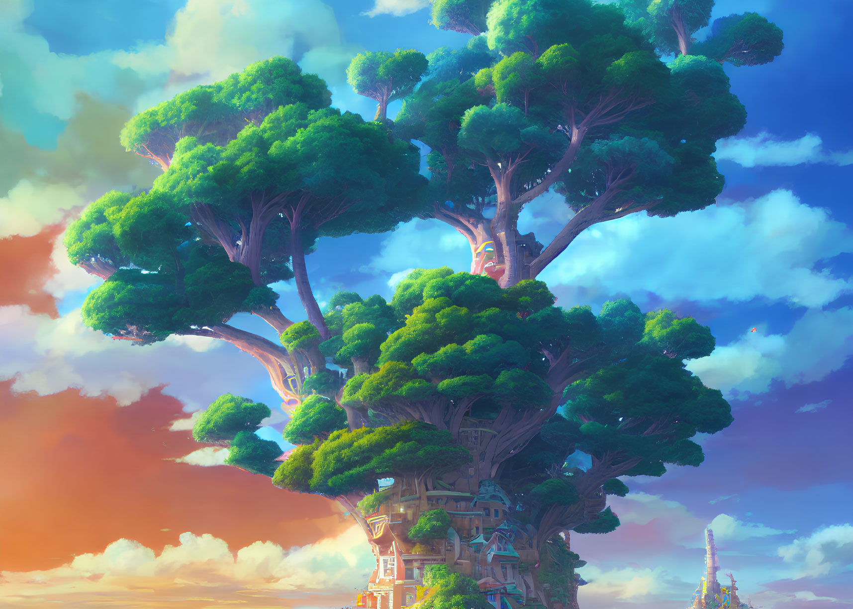 Towering tree with whimsical houses in lush green foliage