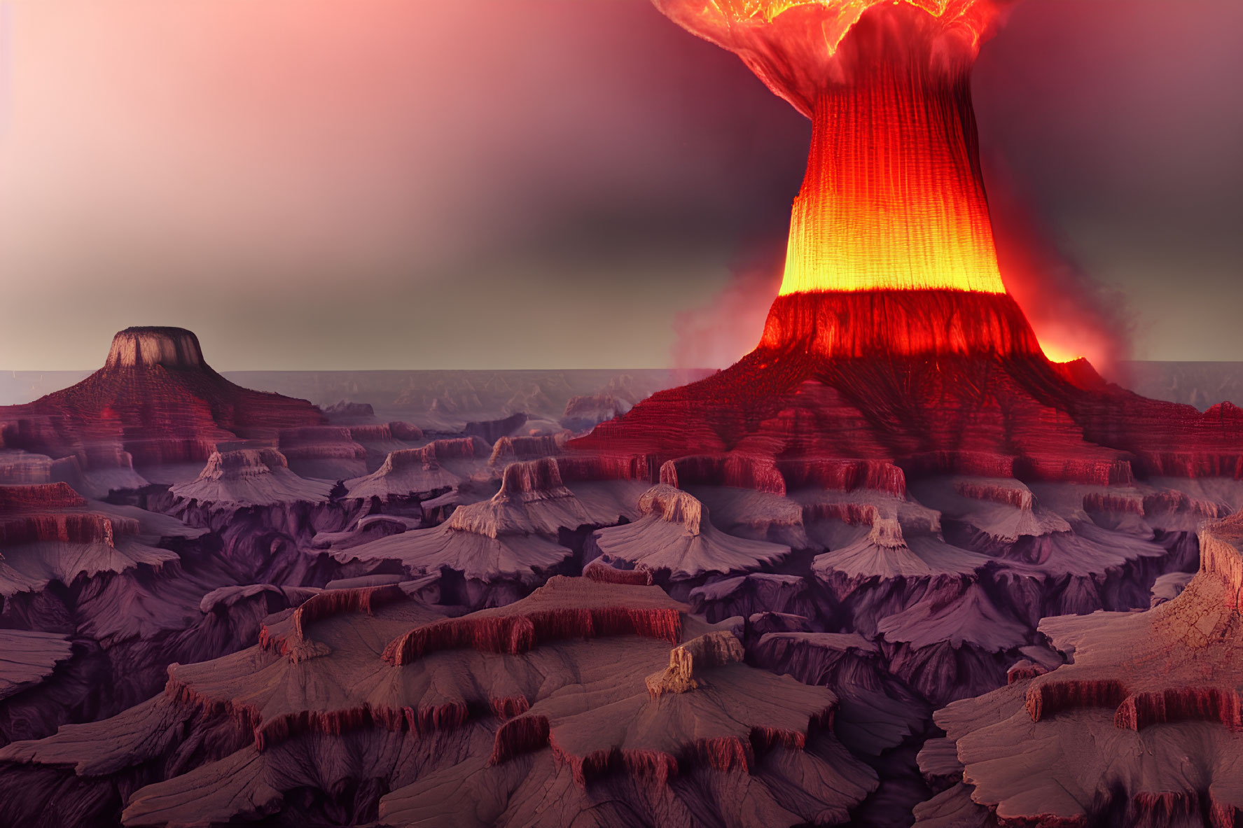 Erupting volcano with glowing lava in barren plateau landscape