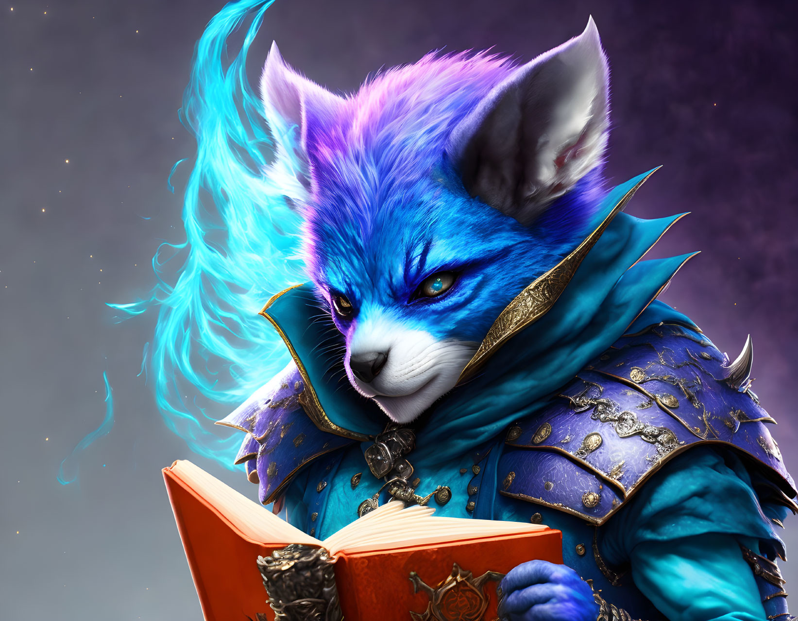 Anthropomorphic blue fox with fiery mane reading book in detailed blue armor