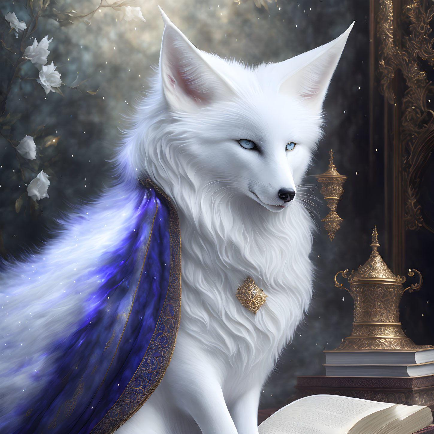 White fox with blue and gold cloak next to brass objects and open book