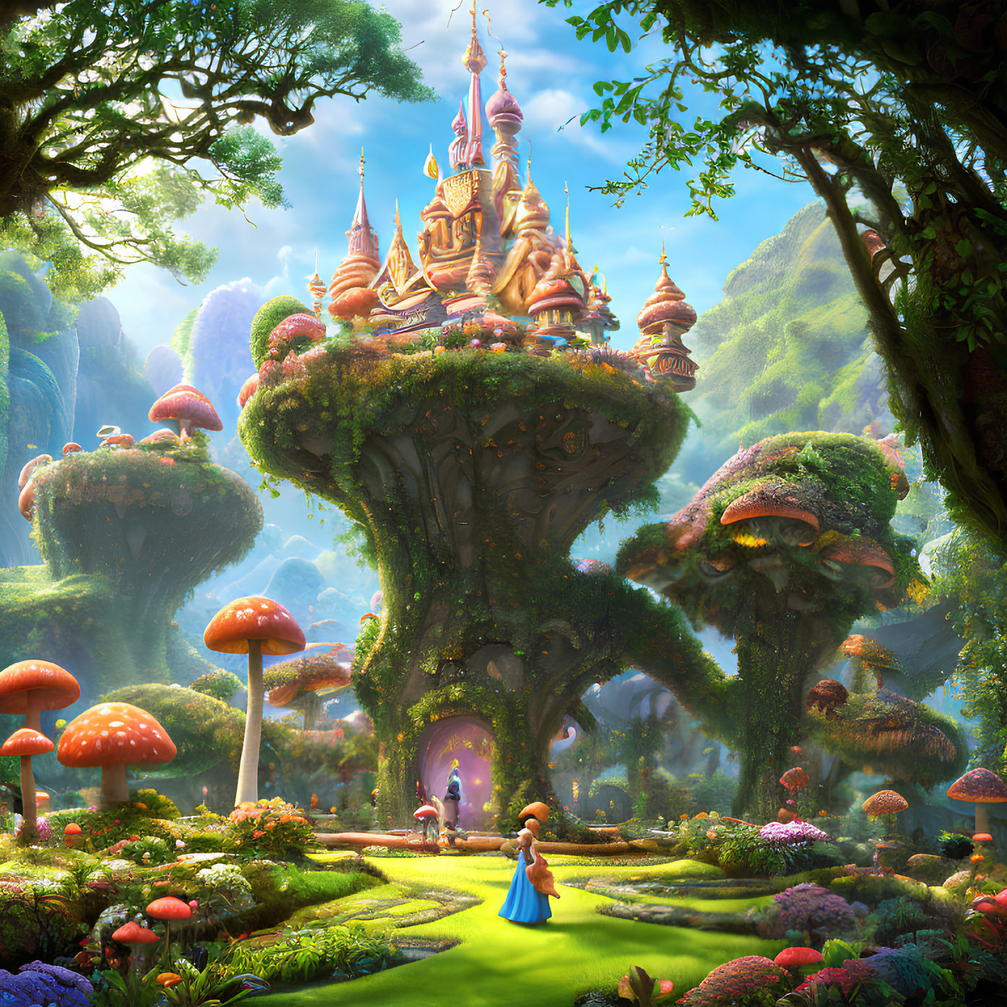 Fantasy landscape with mushroom trees, castle, figure in blue dress