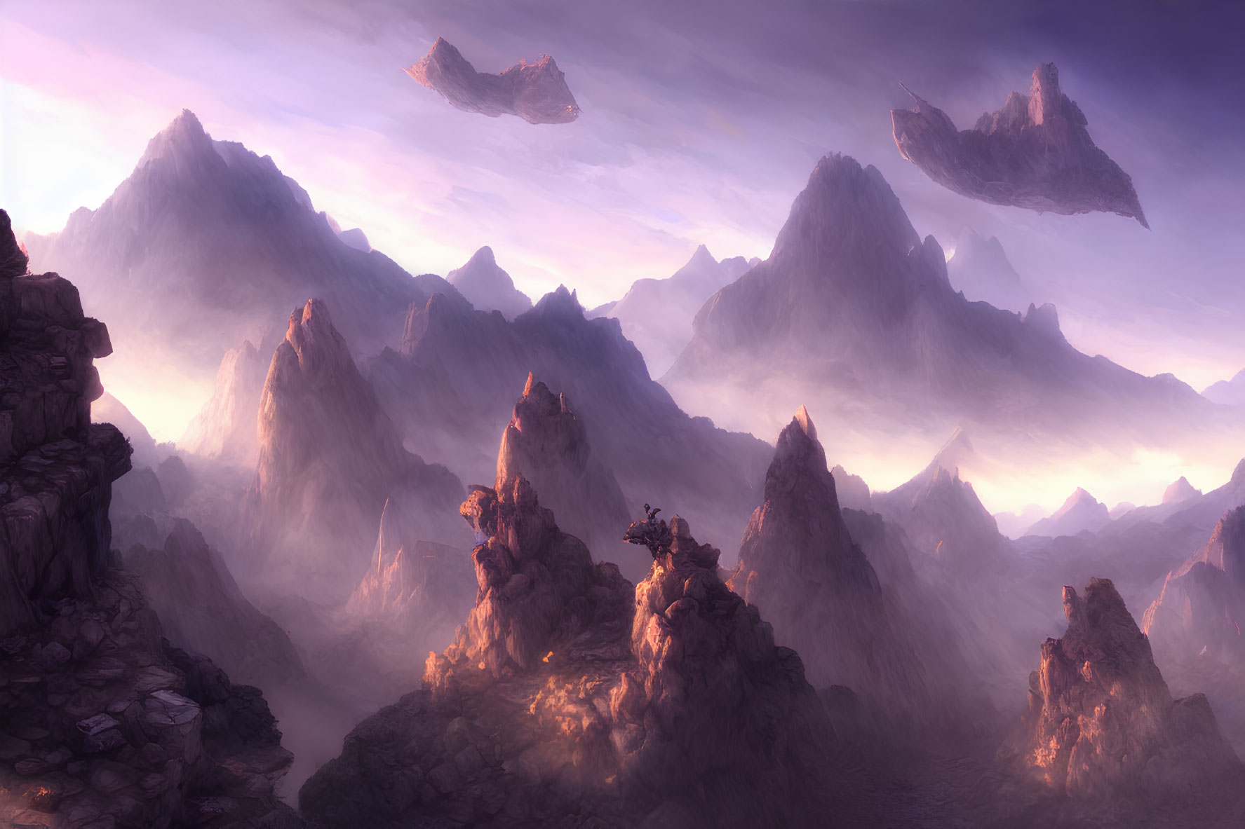 Fantasy landscape with floating islands and purple mountains at sunrise.