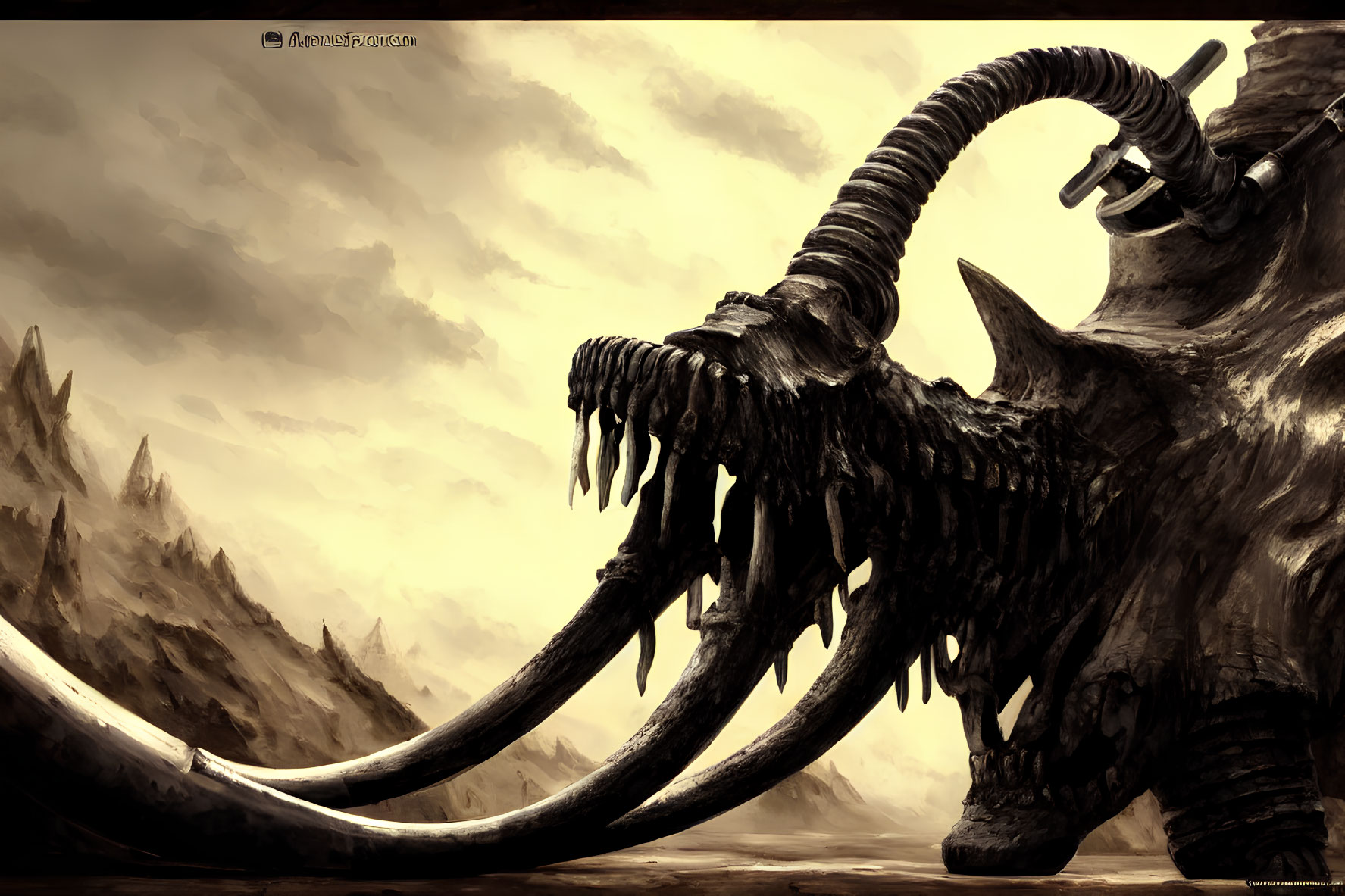 Sepia-Toned Digital Artwork: Monstrous Skeletal Creature with Tusks and Horns