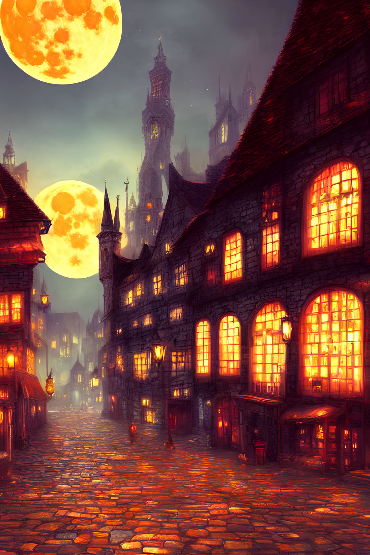 Fantastical cobblestone street with two moons in the sky