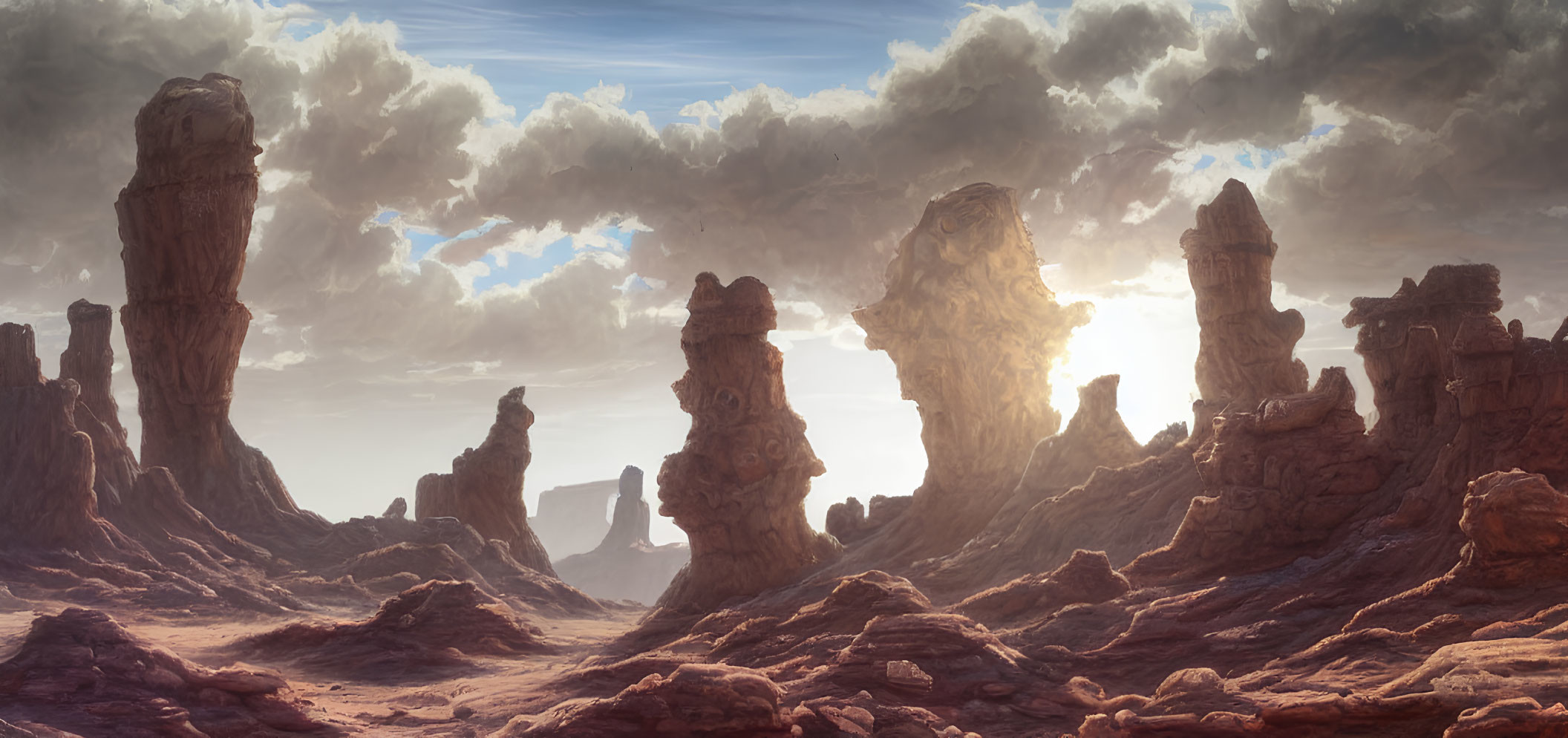 Panoramic desert landscape with towering rock formations under dramatic cloudy sky