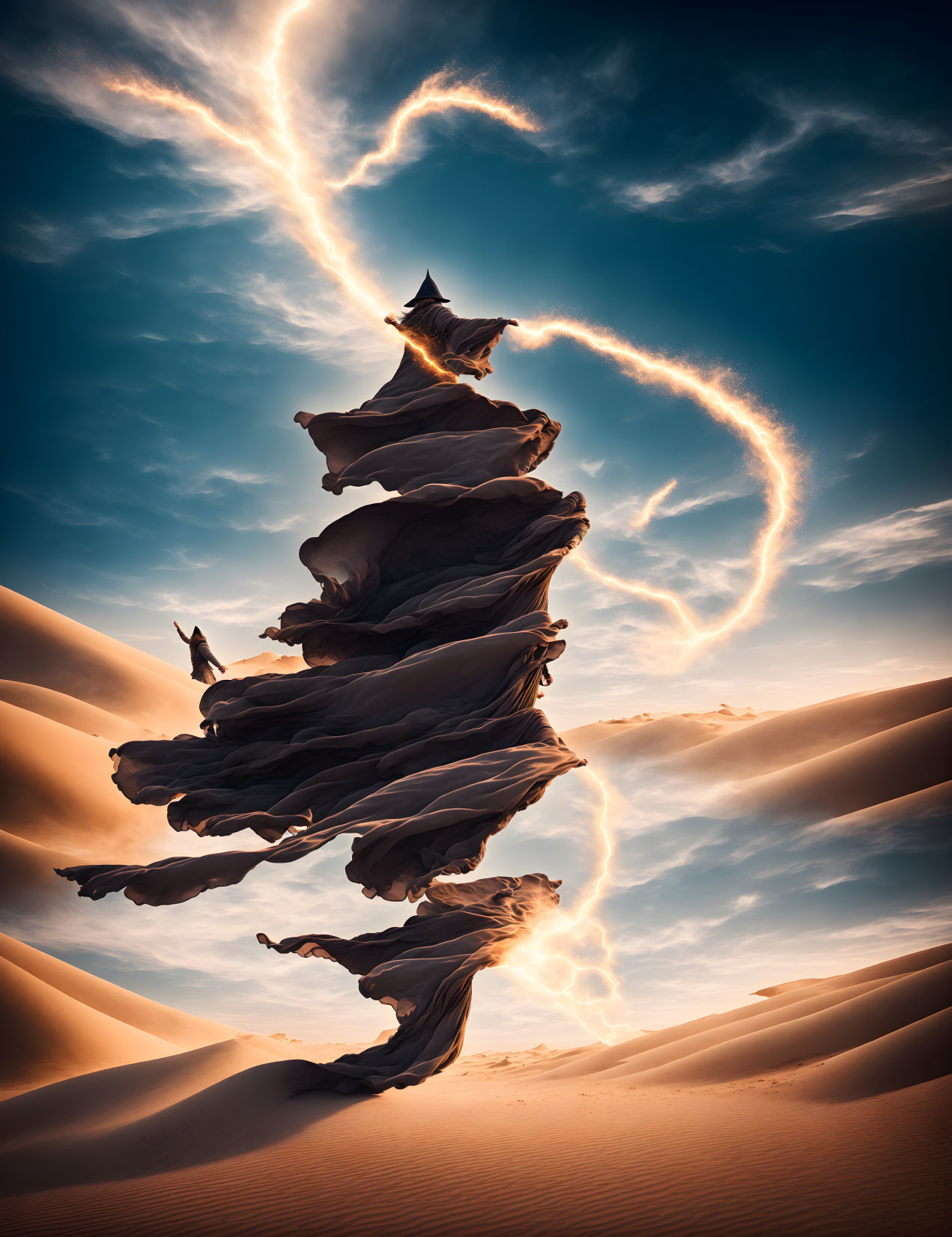 Surreal desert scene with floating cloaked figures and swirling sky