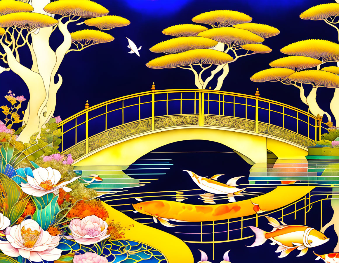 Colorful illustration of golden trees, bridge, koi fish, and flowers on blue background