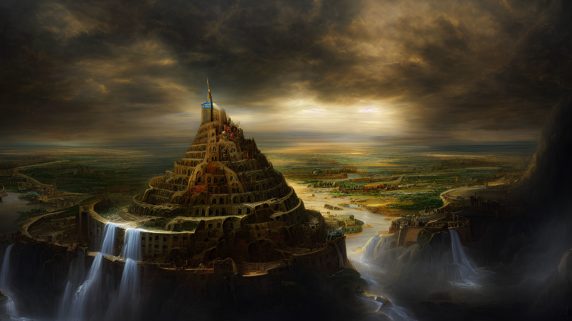 Fantastical landscape with towering ziggurat, waterfalls, and dramatic sunset skies