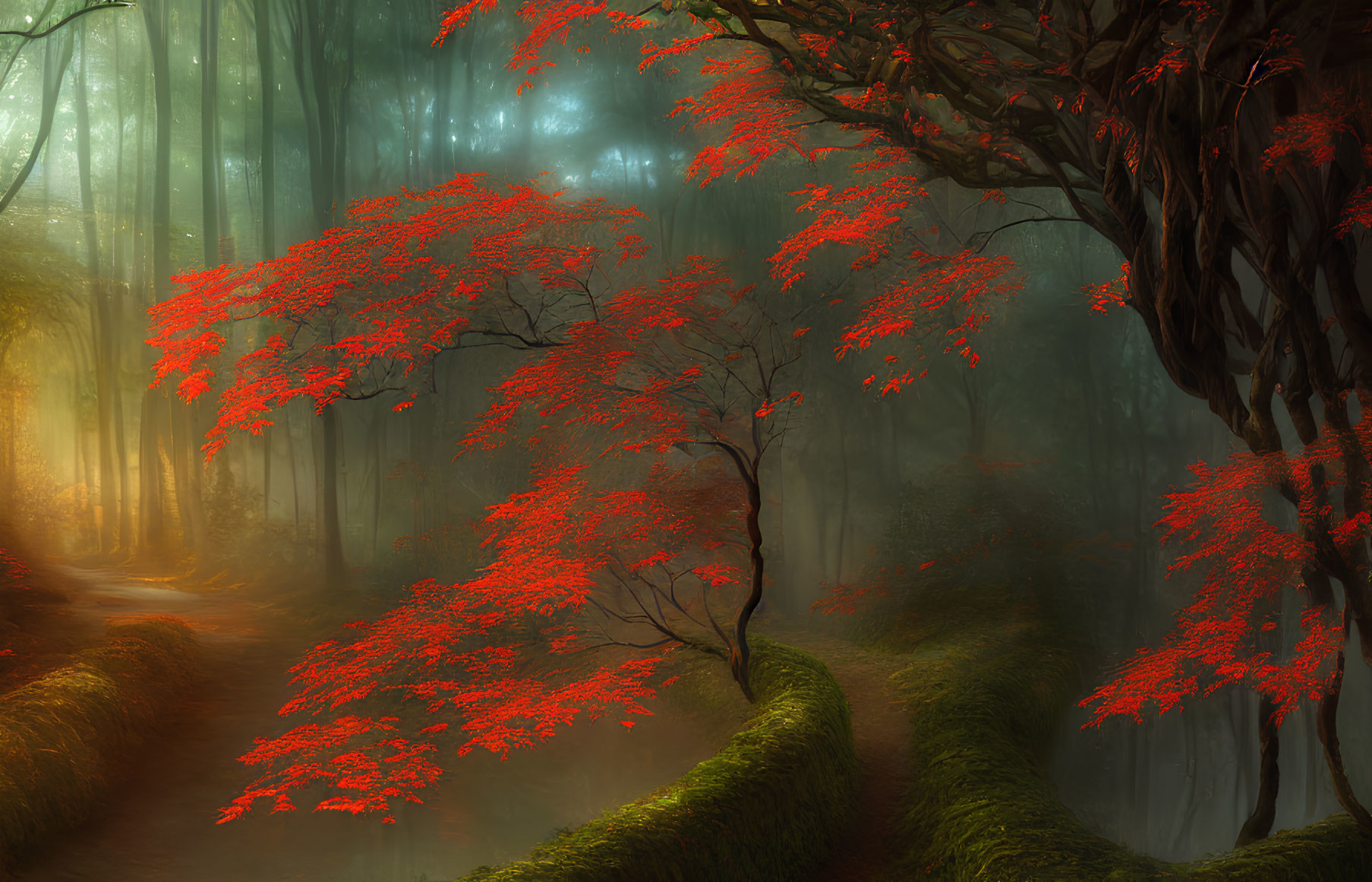 Tranquil Forest Path with Red Trees and Misty Atmosphere