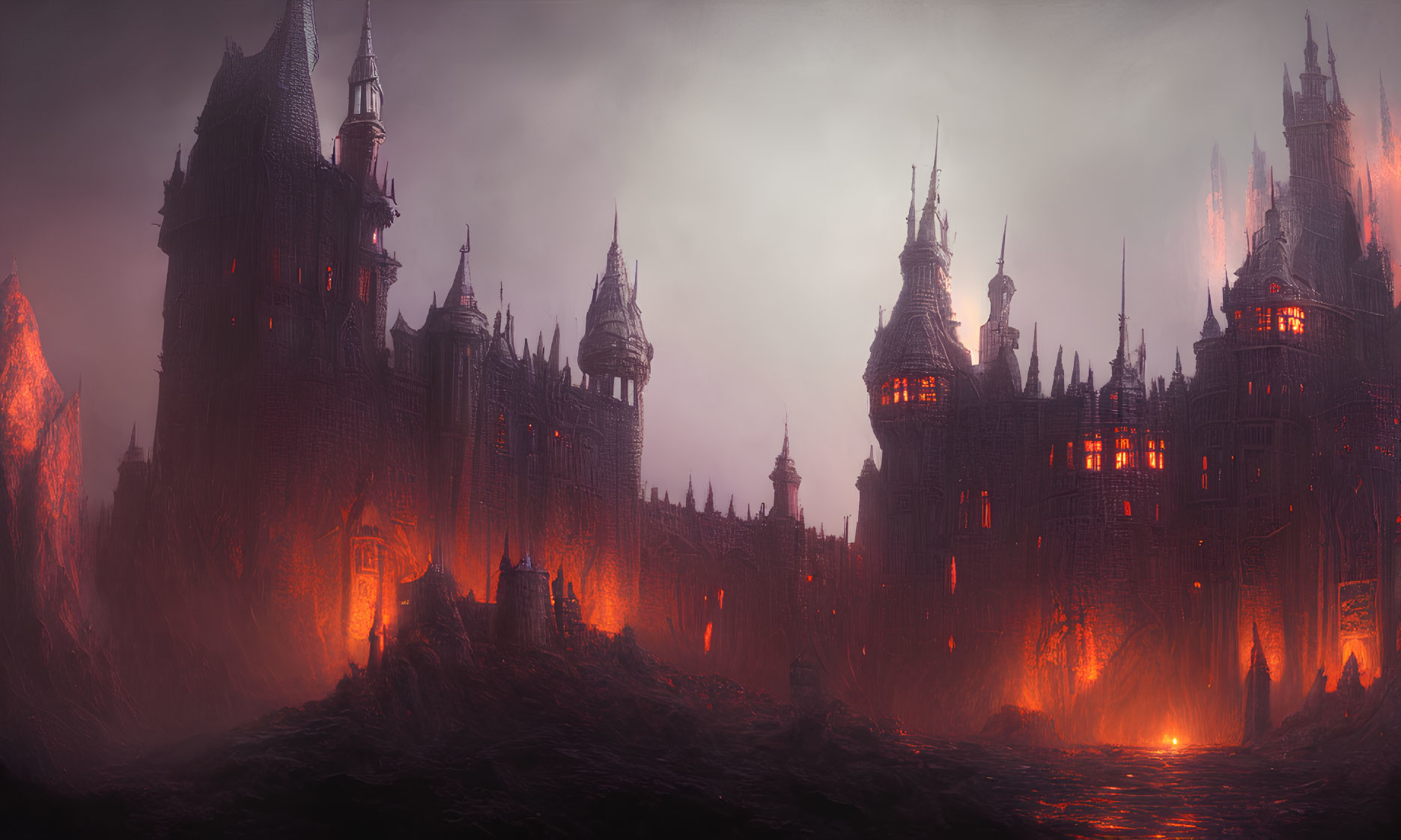 Gothic-style castles in dark, foreboding landscape with lava rivers