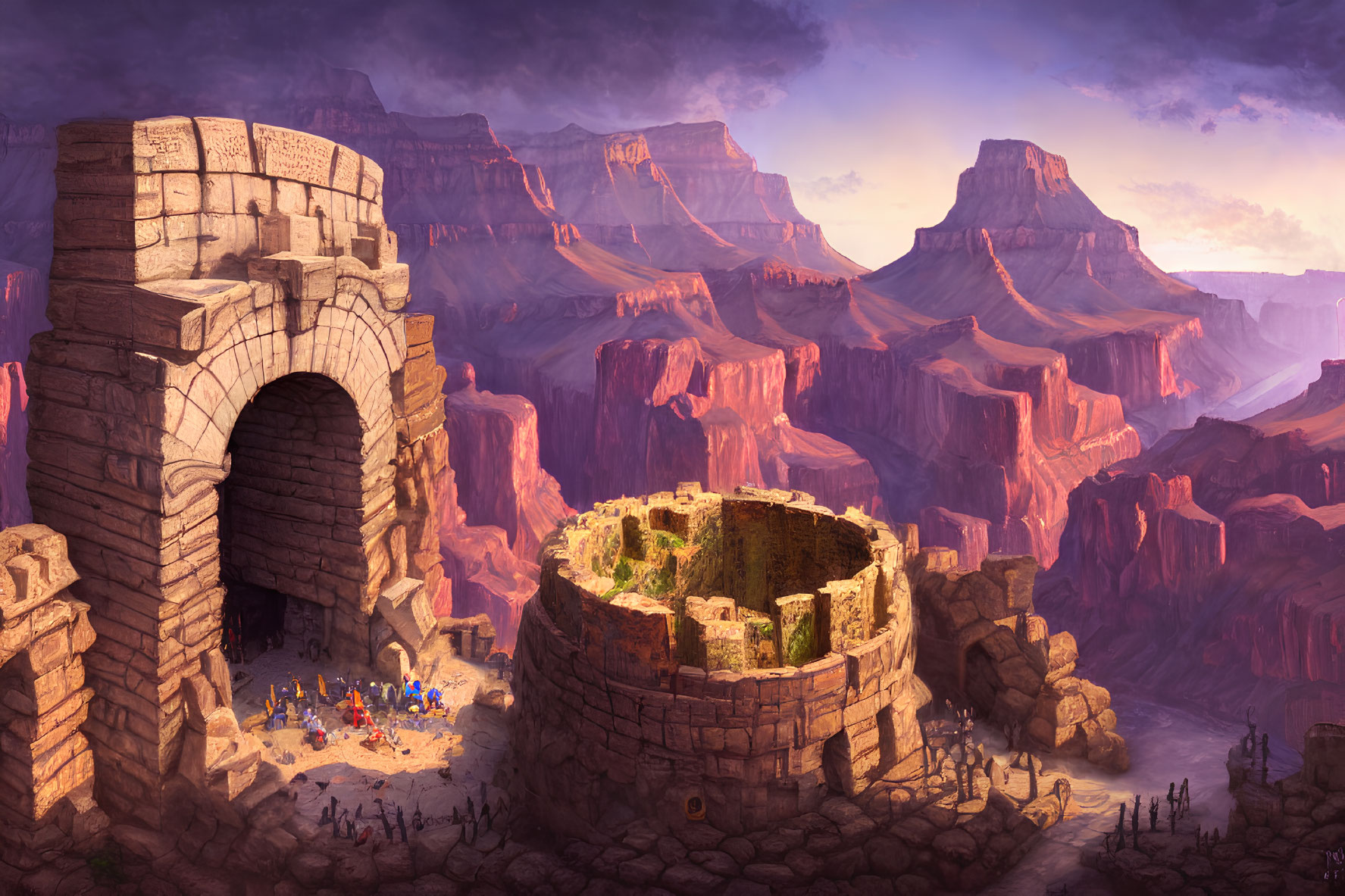 Fantasy landscape with stone archway, circular ruin, canyon cliffs, and purple sky