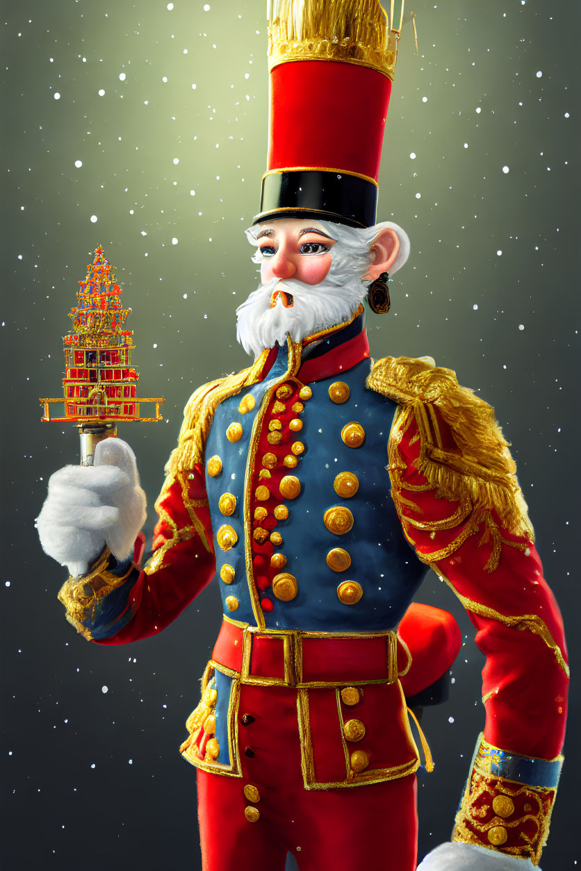 Nutcracker Figure with White Beard Holding Christmas Tree in Red Uniform