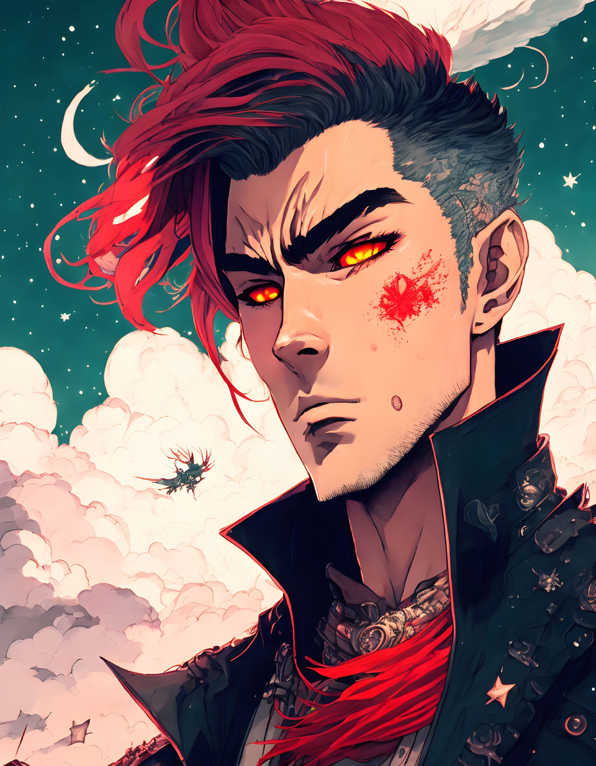 Stylized portrait of man with red hair and scar against red-tinted cloud backdrop