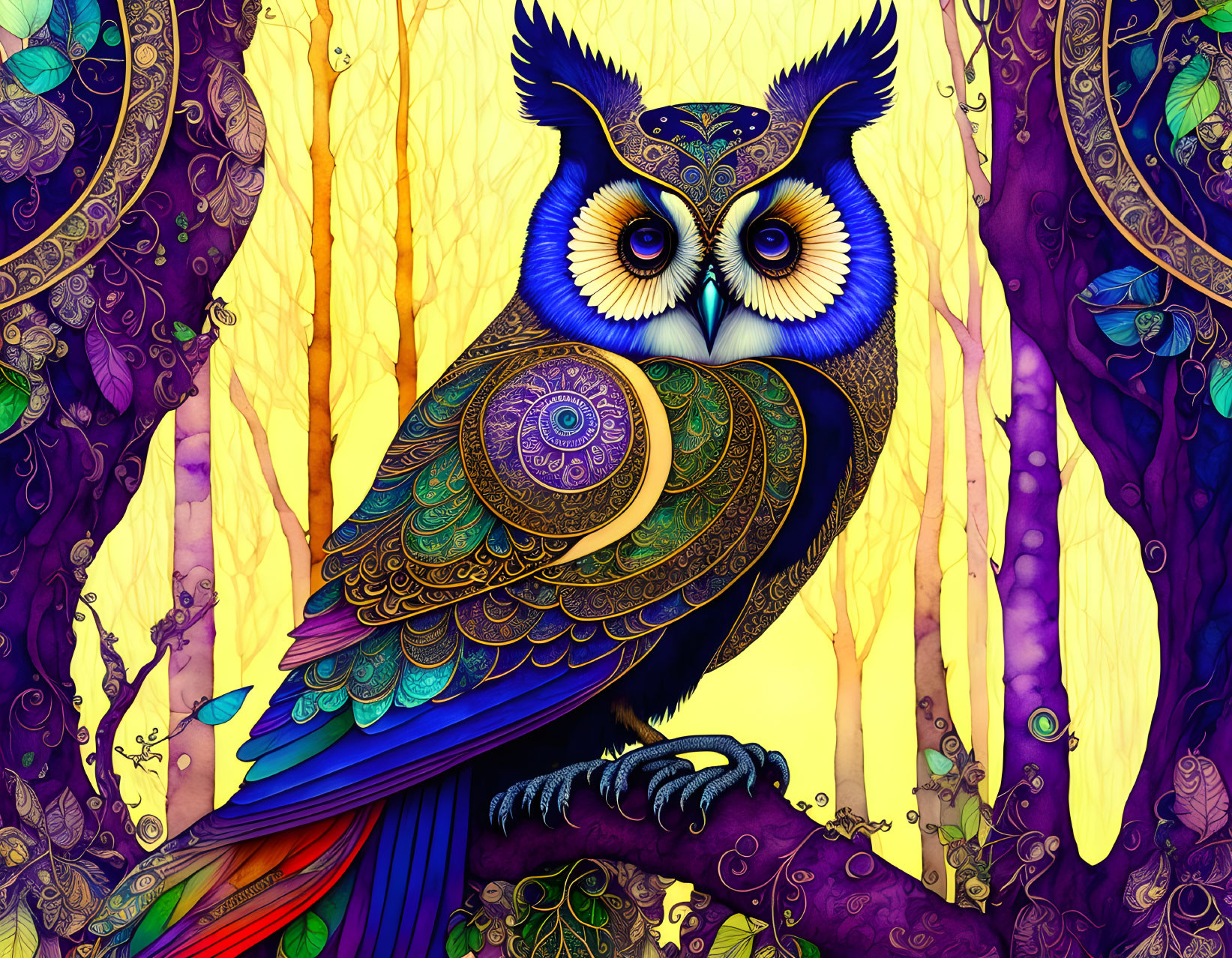 Colorful Stylized Owl Artwork Perched on Branch in Forest