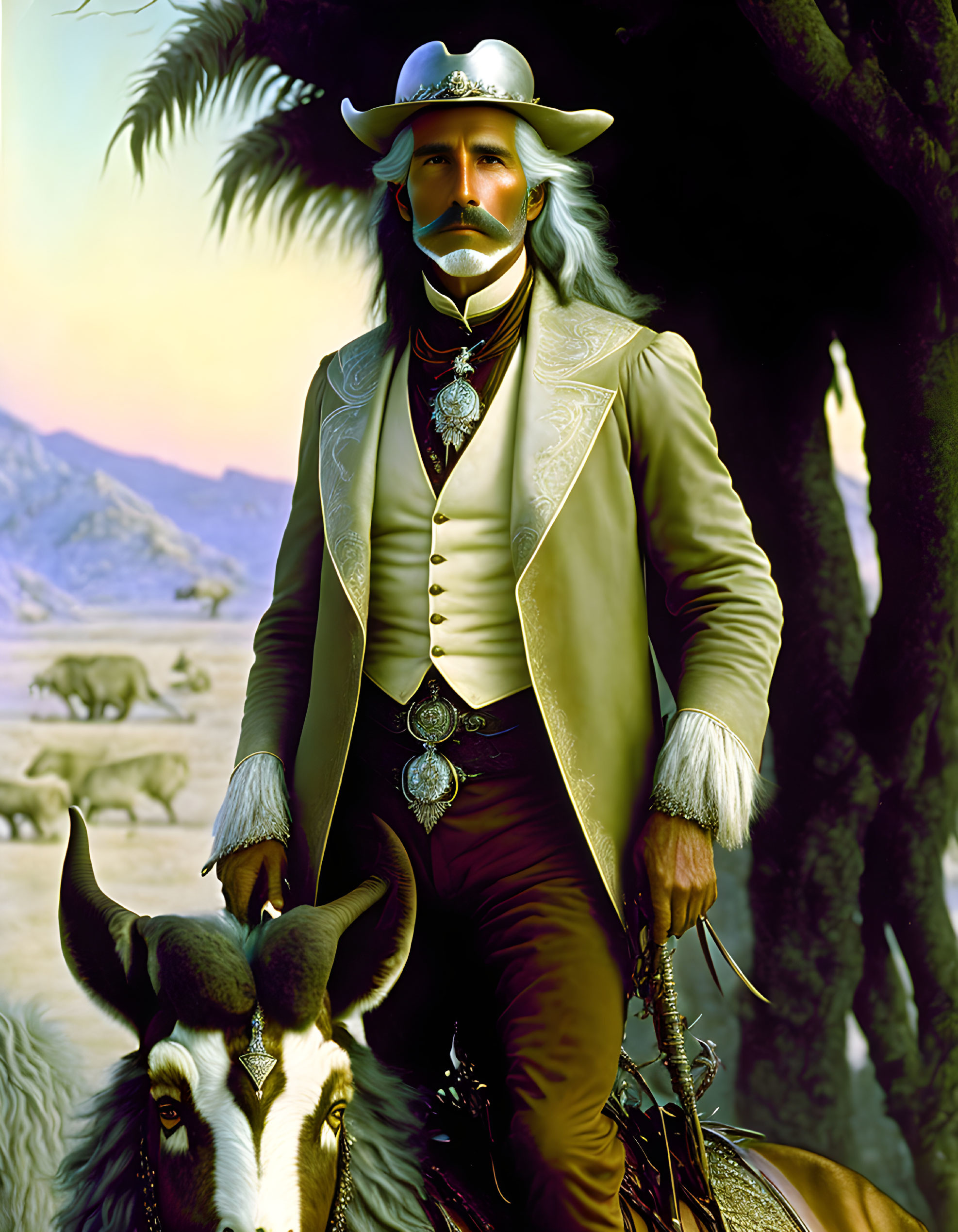 Man in white western outfit with concho belt and wide-brimmed hat by tree on plains.