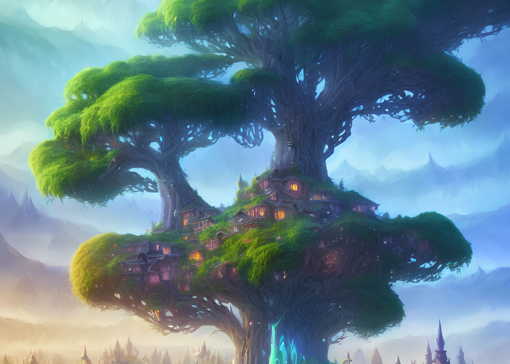 Whimsical artwork of magical tree with enchanted village in misty mountains