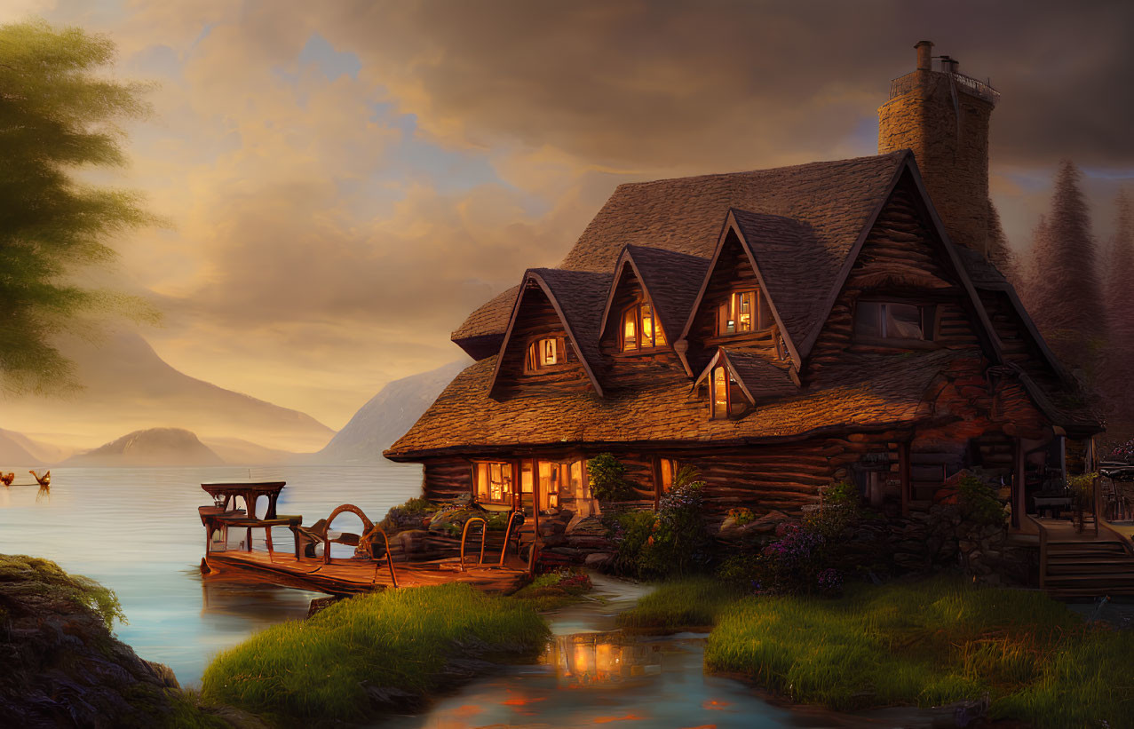 Traditional lakeside log cabin with spinning wheel, glowing windows, tranquil waters, and distant mountains.